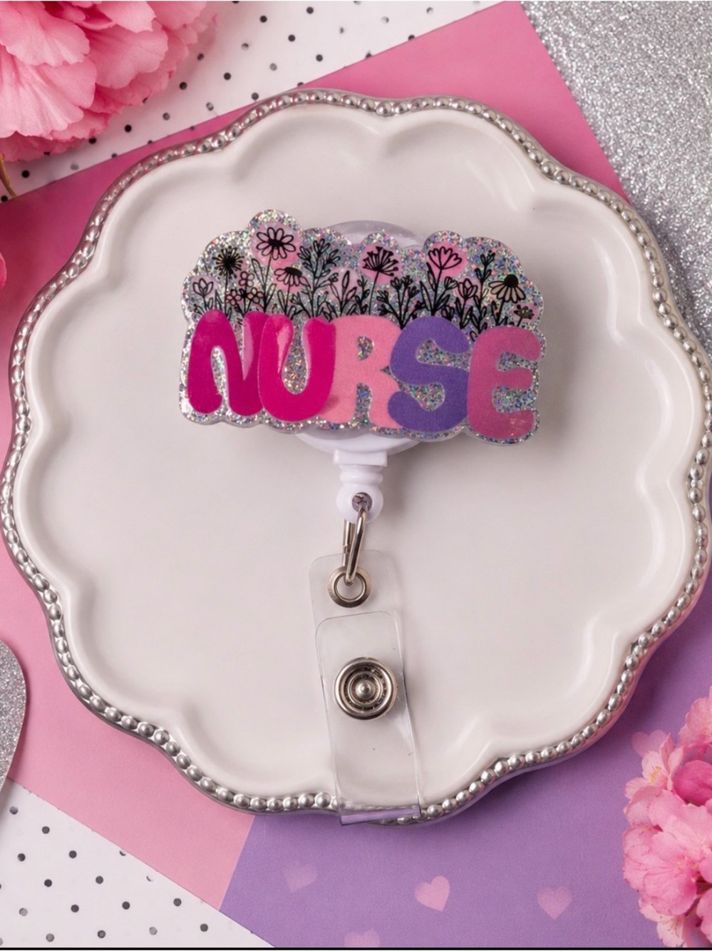 Hand Crafted Nurse Retractable Badge Reel – Pink & Purple Floral Glitter